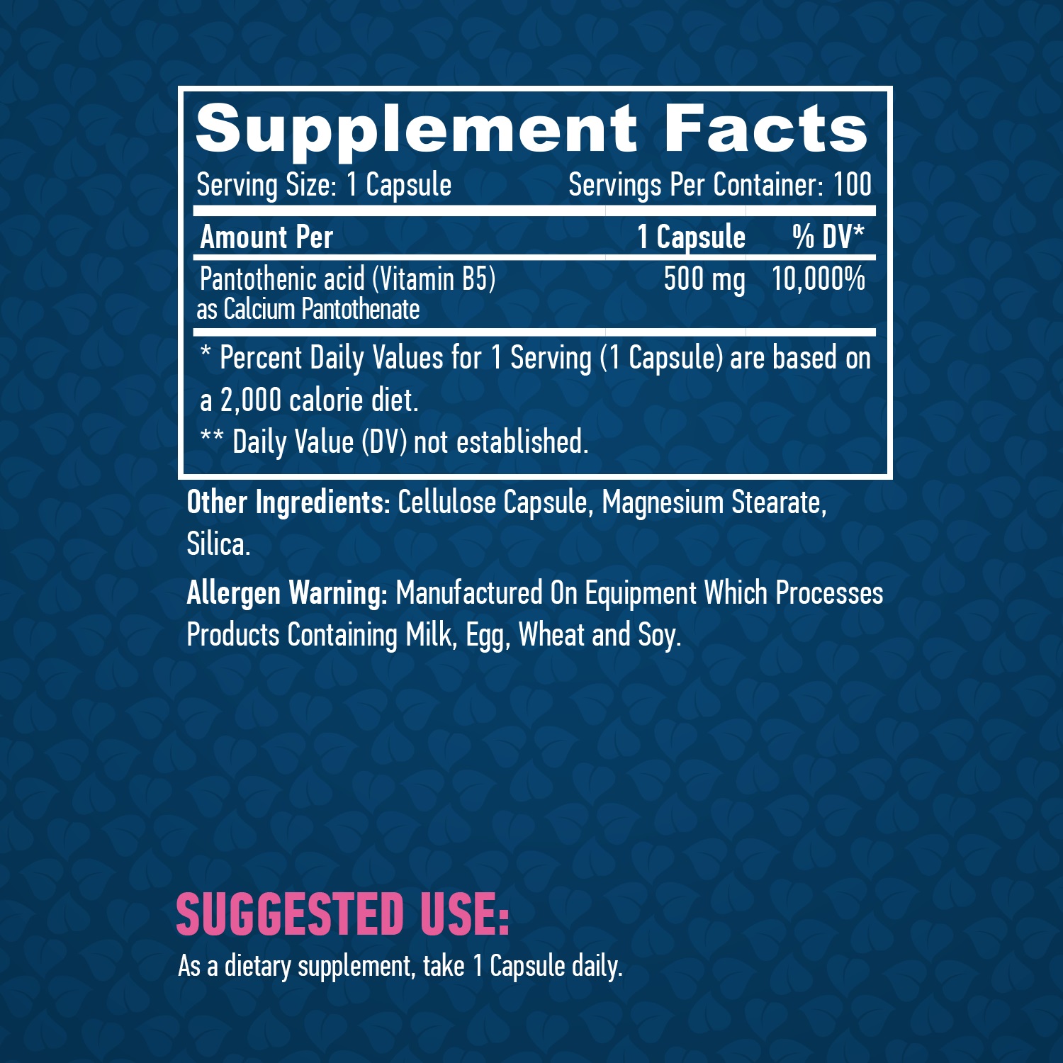 HAYA LABS Pantothenic Acid 500 mg / 100 Vcaps