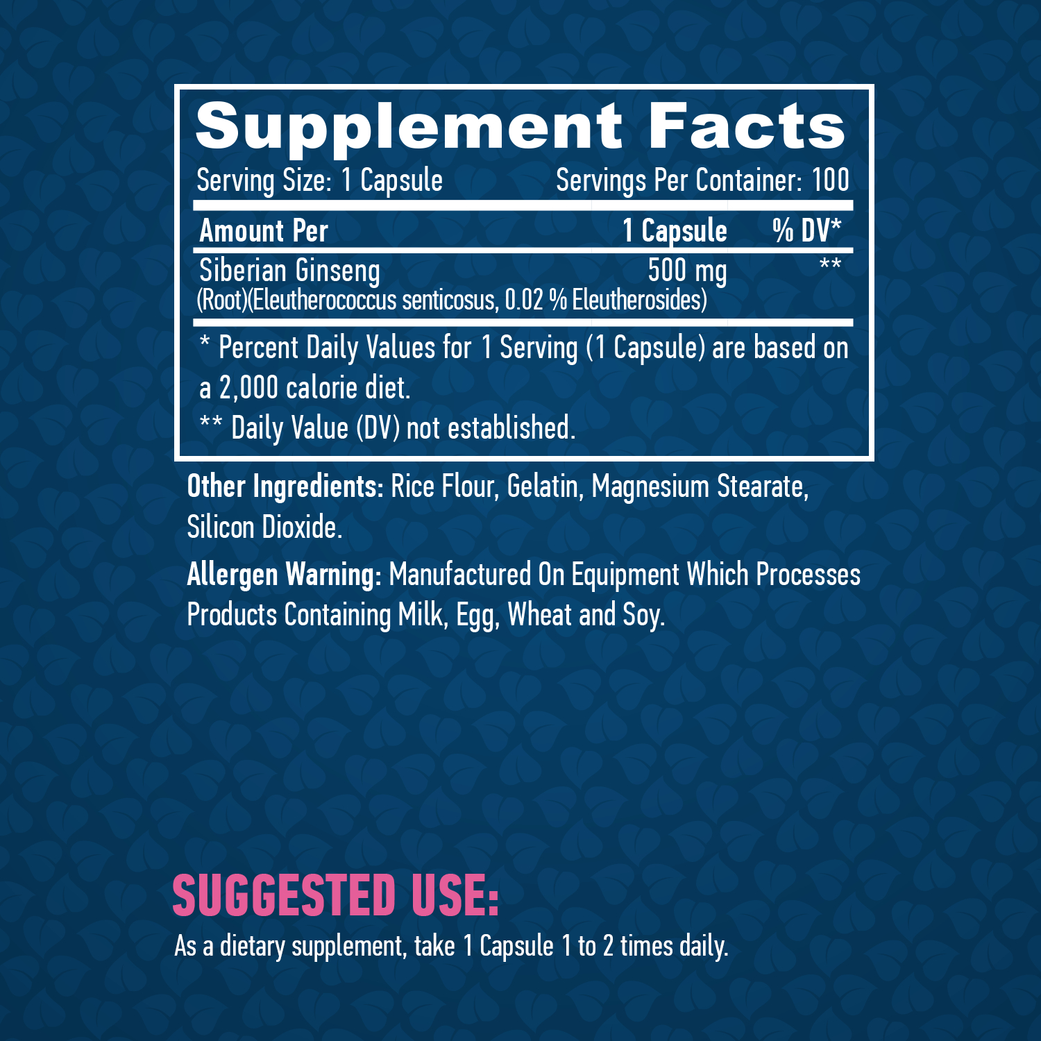 HAYA LABS Siberian Ginseng 500 mg / 100 Caps