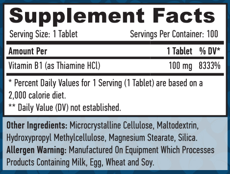 HAYA LABS Vitamin B-1 / Thiamine / 100 mg / 100 Tabs