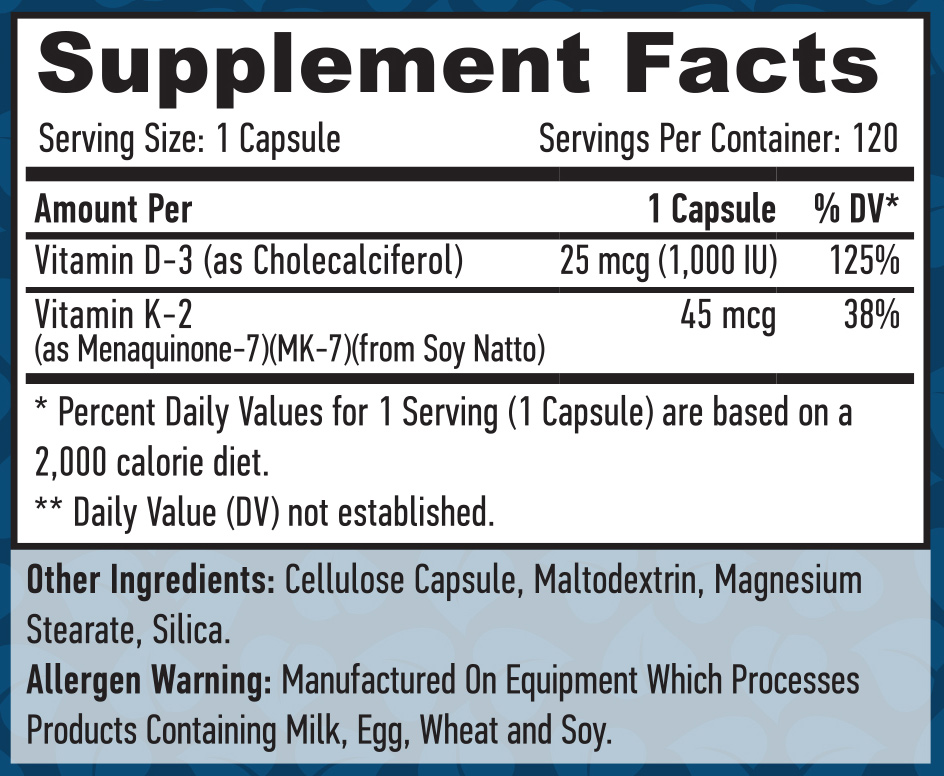 HAYA LABS Vitamin D-3 1000 IU & МK-7 45 mcg / 120 Vcaps